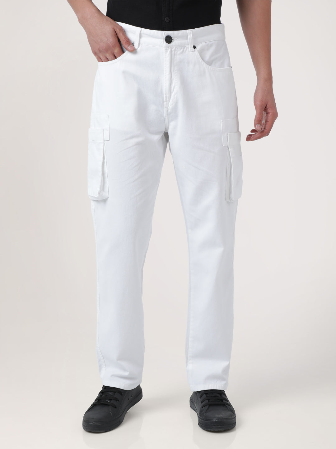 Men White Overdyed Straight Fit Solid Cargo Trouser