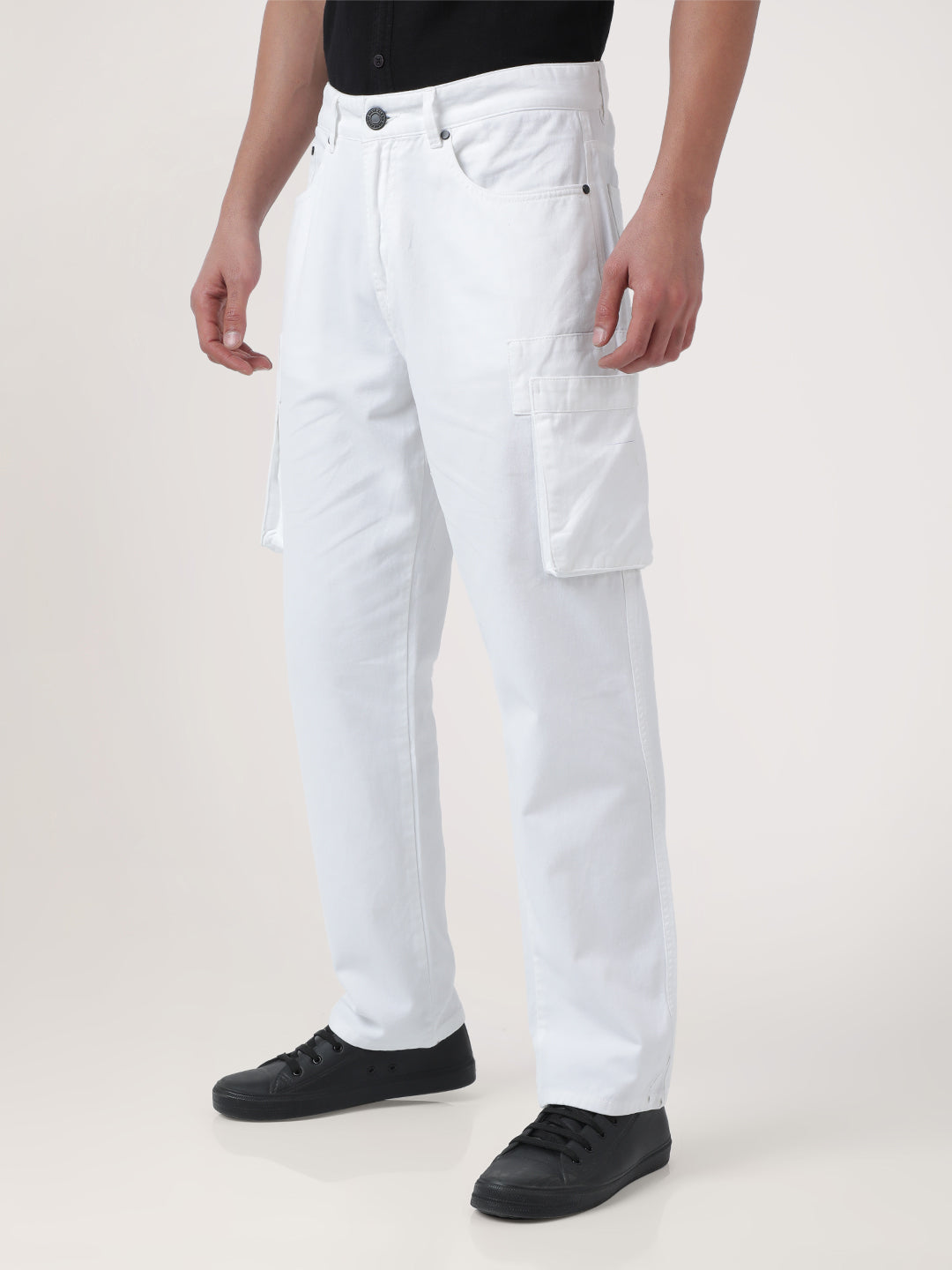 Men White Overdyed Straight Fit Solid Cargo Trouser