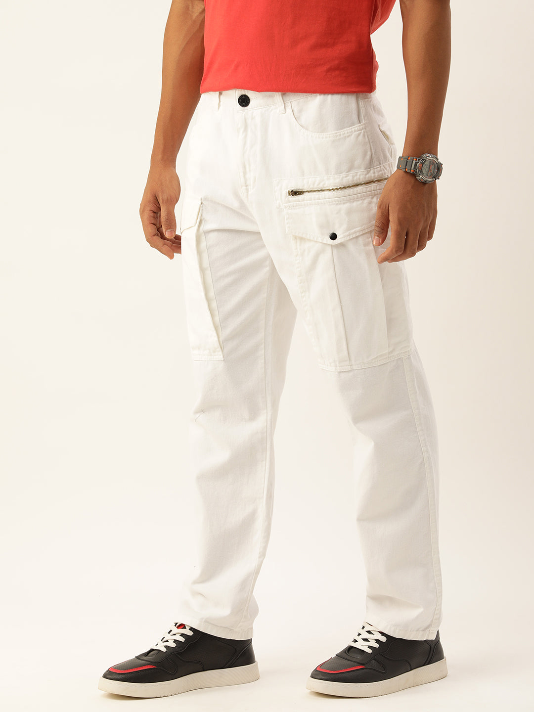Men White Overdyed Relaxed Fit Solid Cargo Trouser