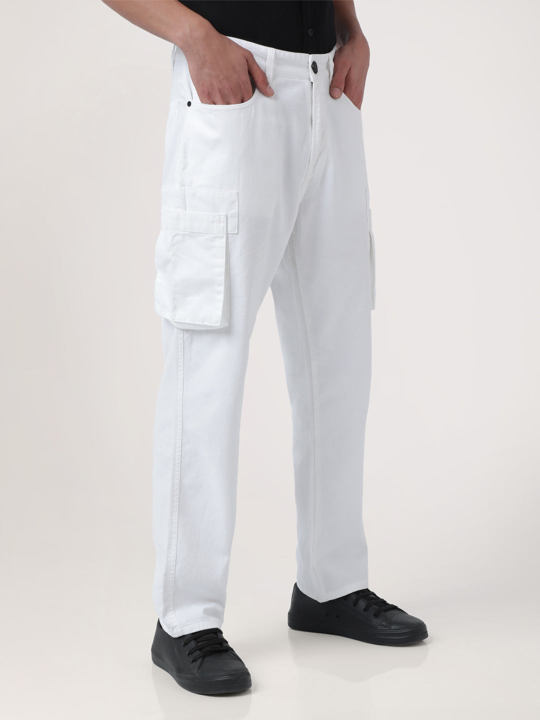 Men White Overdyed Straight Fit Solid Cargo Trouser