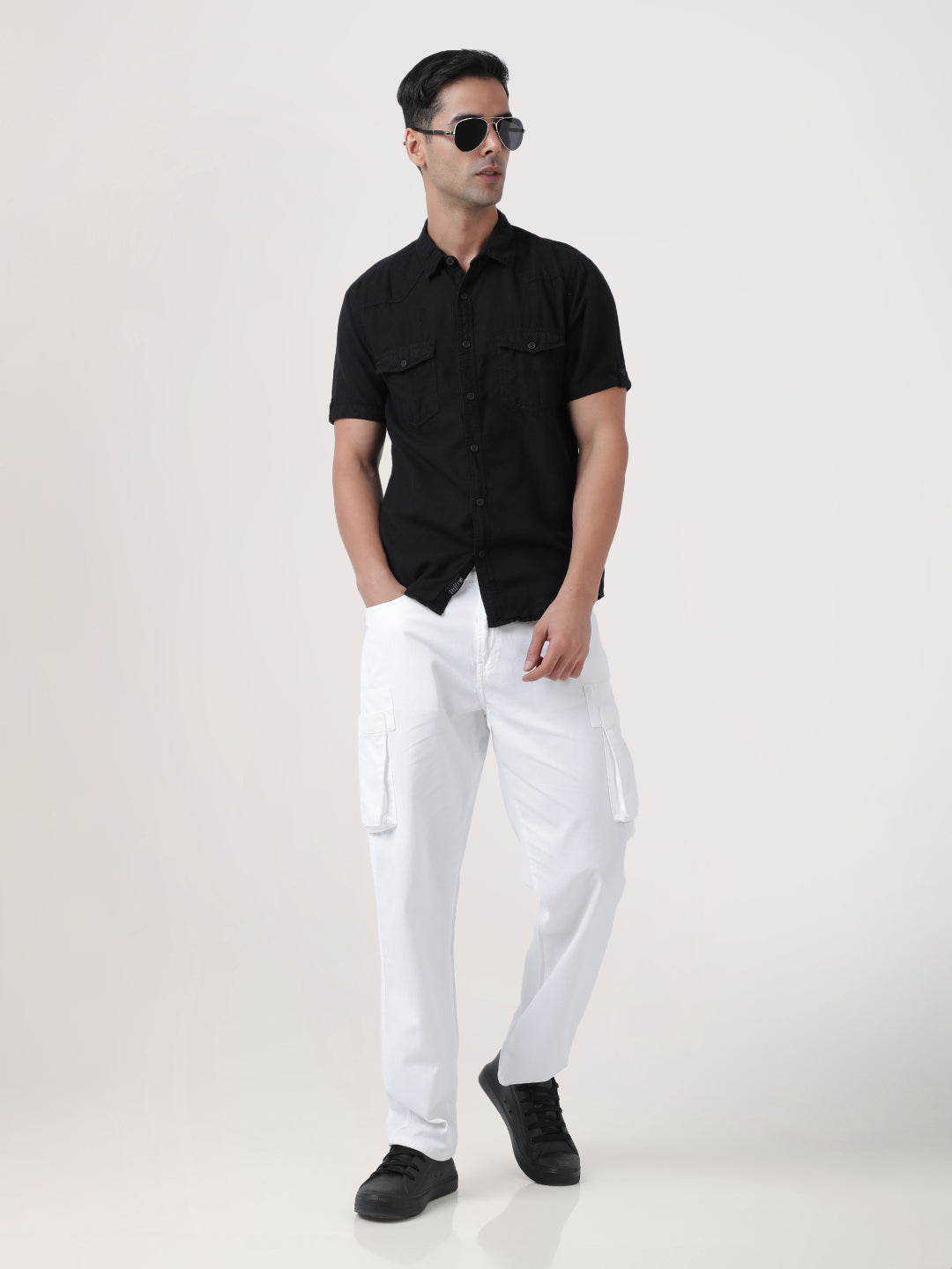 Men White Overdyed Straight Fit Solid Cargo Trouser