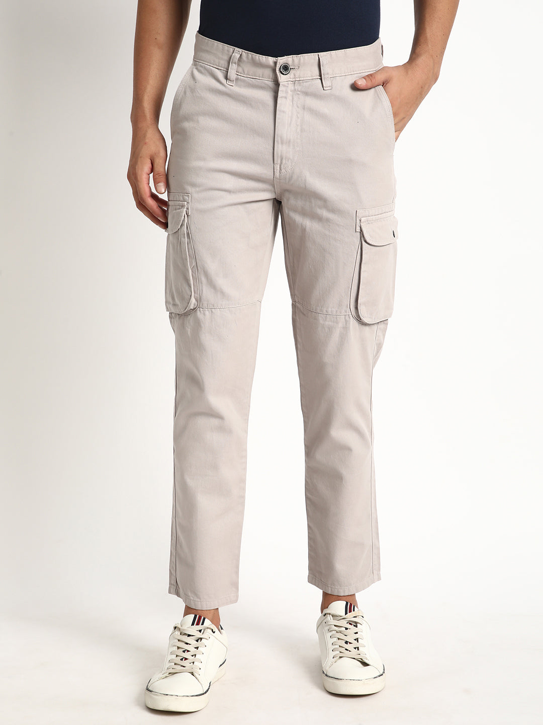 Men Silver Grey Regular Fit Solid Cargo Trouser
