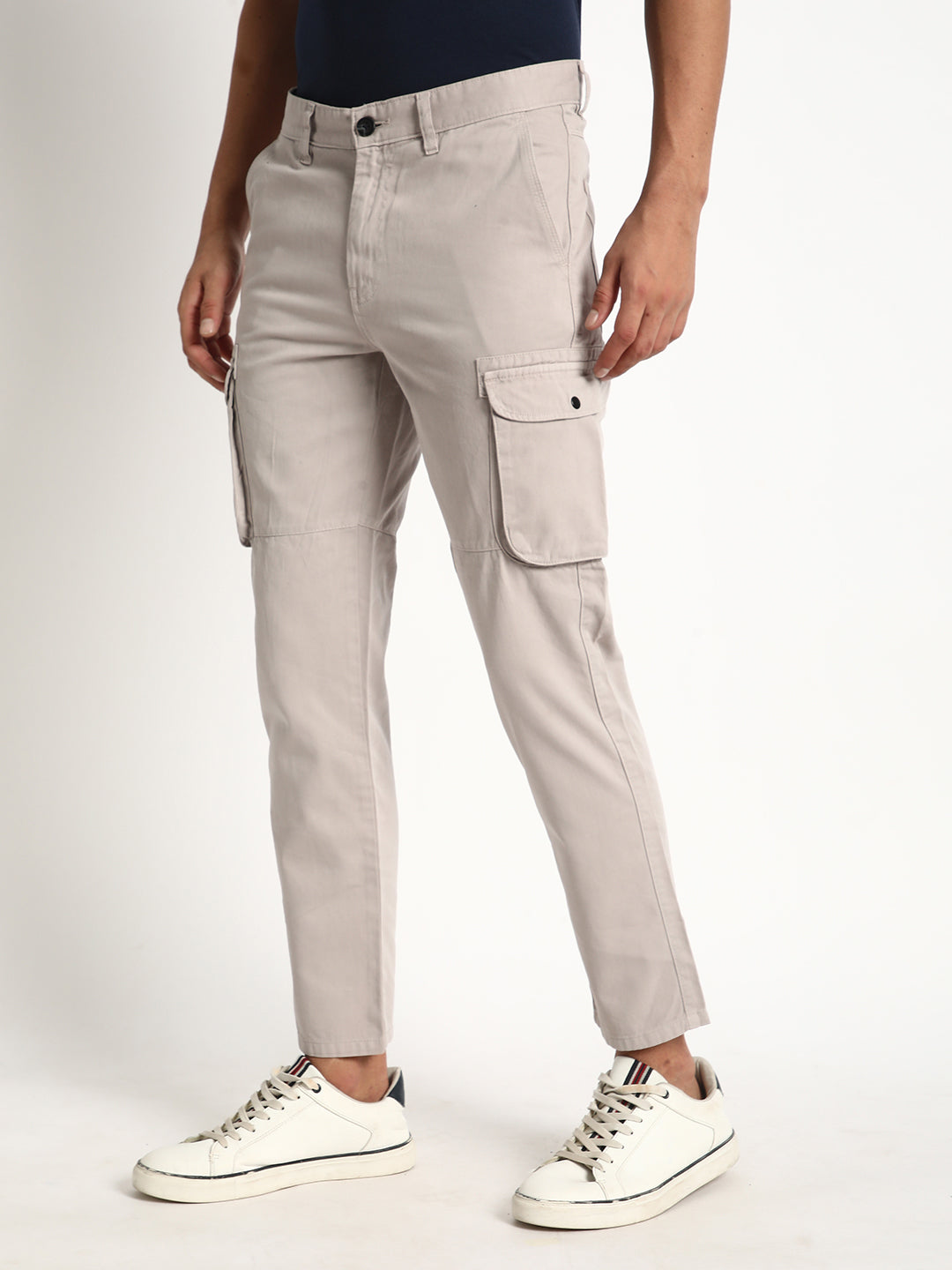Men Silver Grey Regular Fit Solid Cargo Trouser
