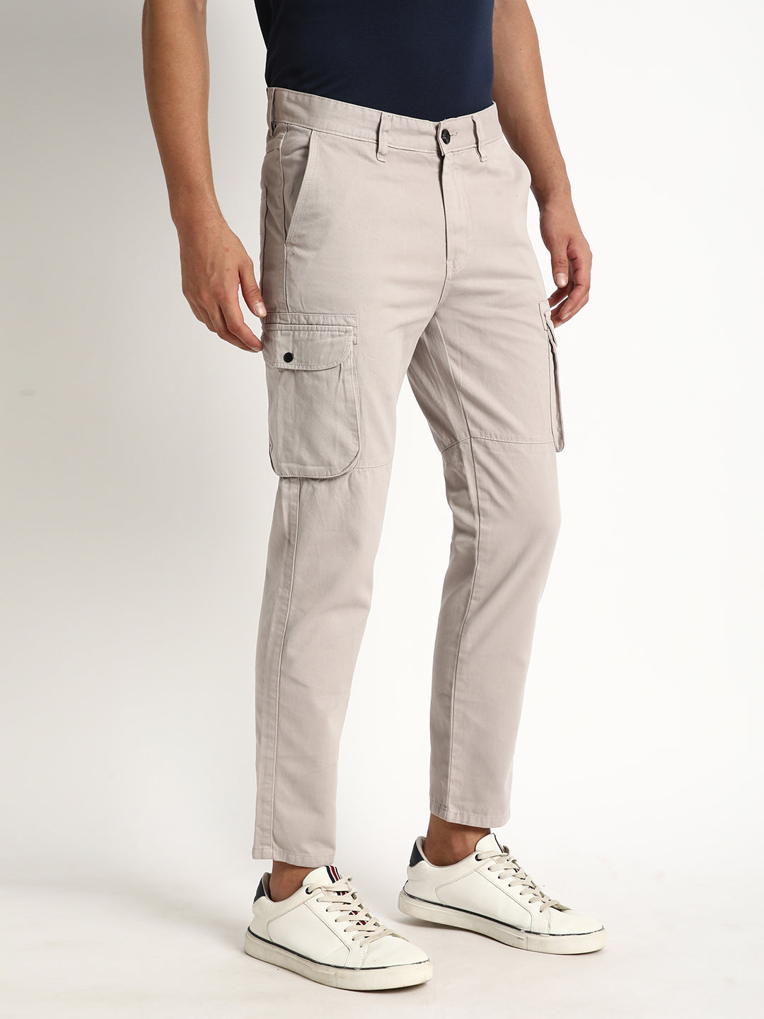 Men Silver Grey Regular Fit Solid Cargo Trouser