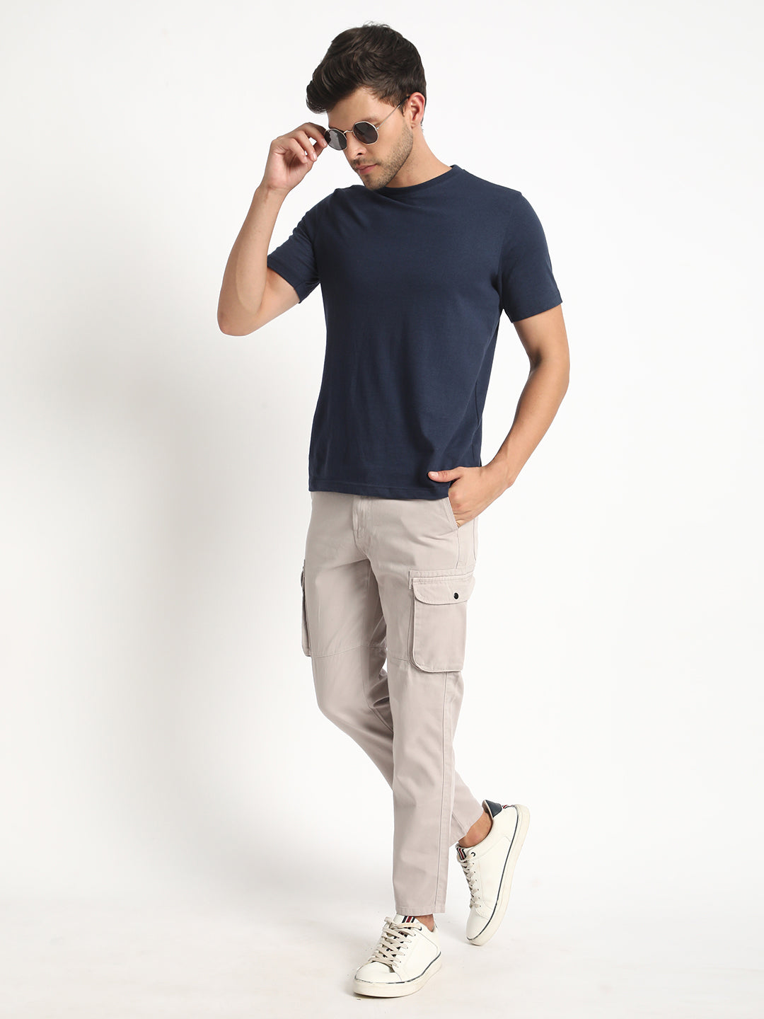 Men Silver Grey Regular Fit Solid Cargo Trouser