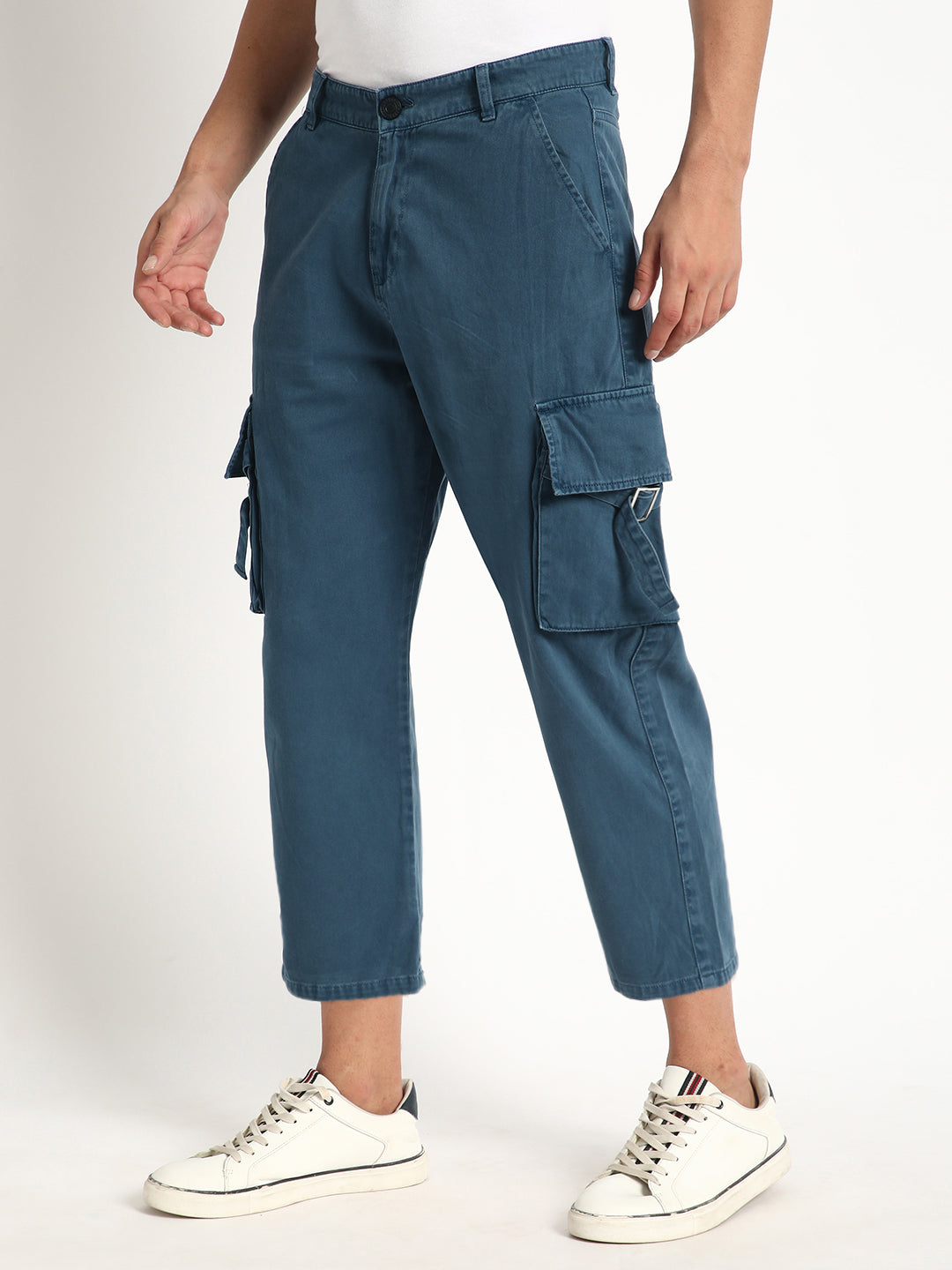 Men Dark Denim Loose Cropped Fit Solid Cargo Trouser